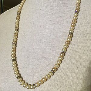 Vintage Victorian Coquette Pearl Pave Rhinestone Long Single Strand Necklace 20s